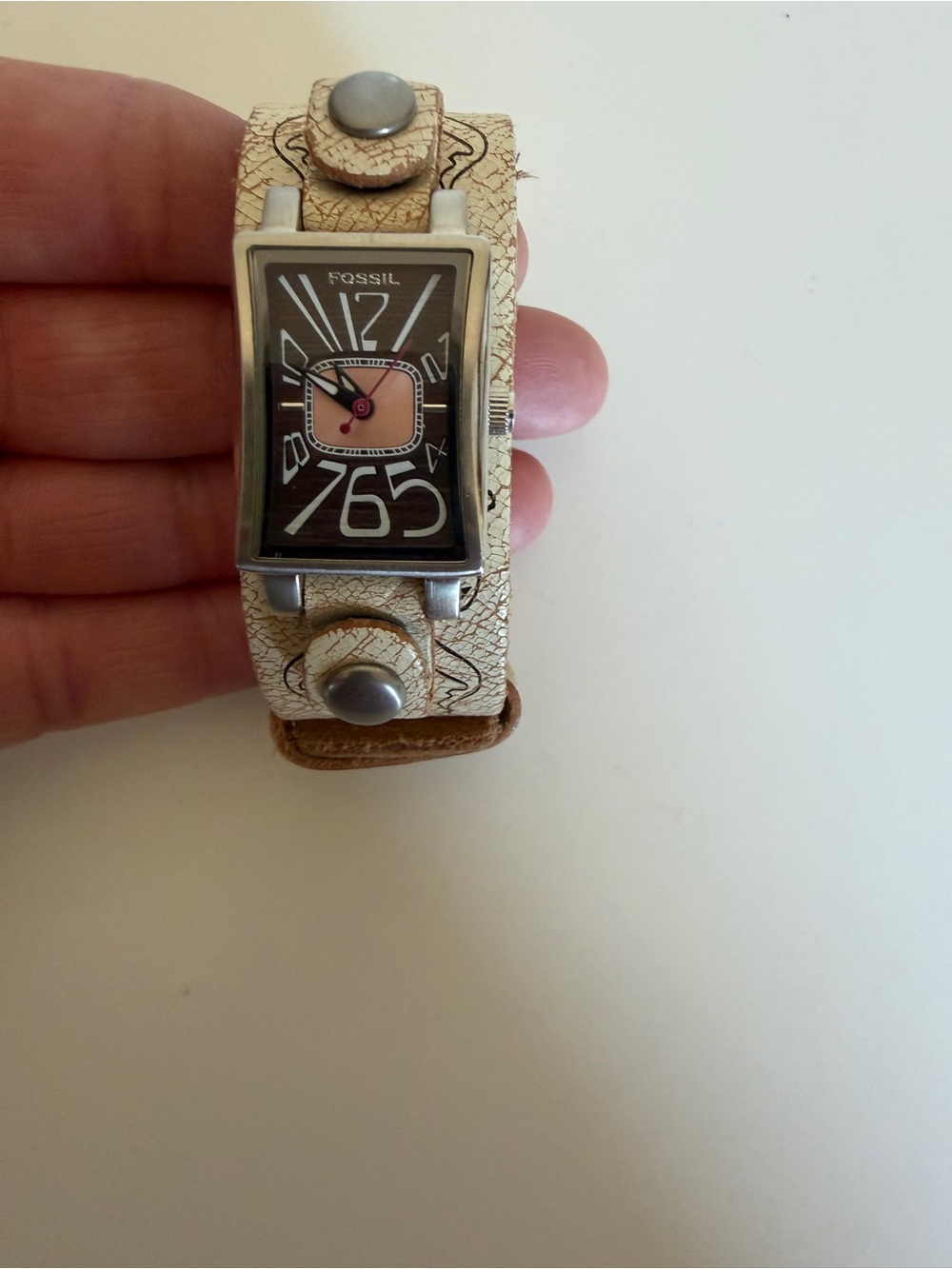 Vintage Fossil Rectangular Dial Leather Cuff Watch - Cream & Brown - Picture 1 of 6